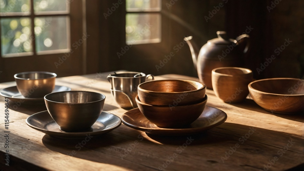 Obraz premium Natural light highlights rustic wooden bowls and metal teapot on a wooden table in a cozy, sunlit room