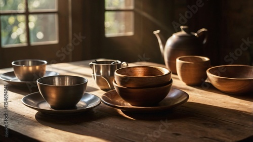 Wallpaper Mural Natural light highlights rustic wooden bowls and metal teapot on a wooden table in a cozy, sunlit room Torontodigital.ca