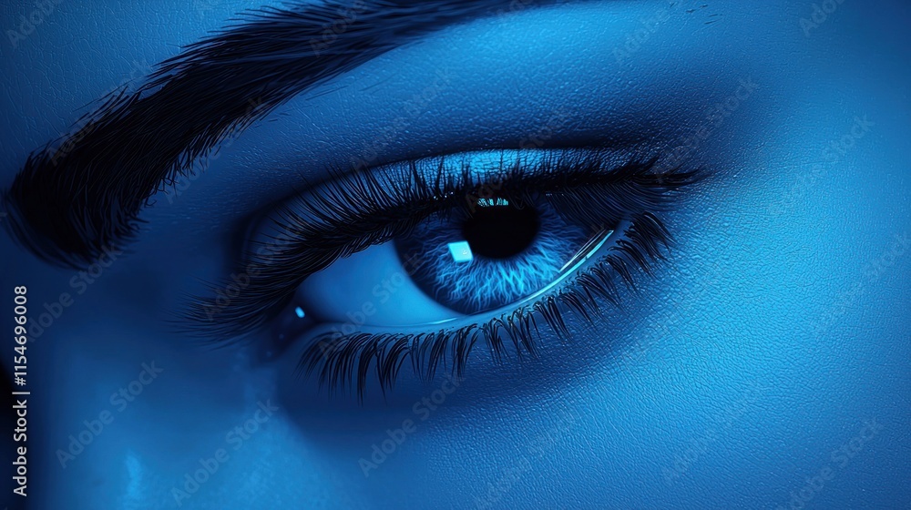 Fototapeta premium Close-up of a woman's blue eye, lit with blue light.