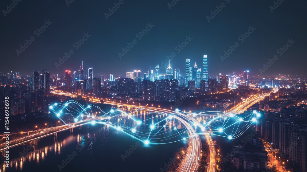 Fototapeta premium Smart digital Innovation city with connection network reciprocity over the cityscape. of future smart wireless city and social media networking systems that connects business people with in city
