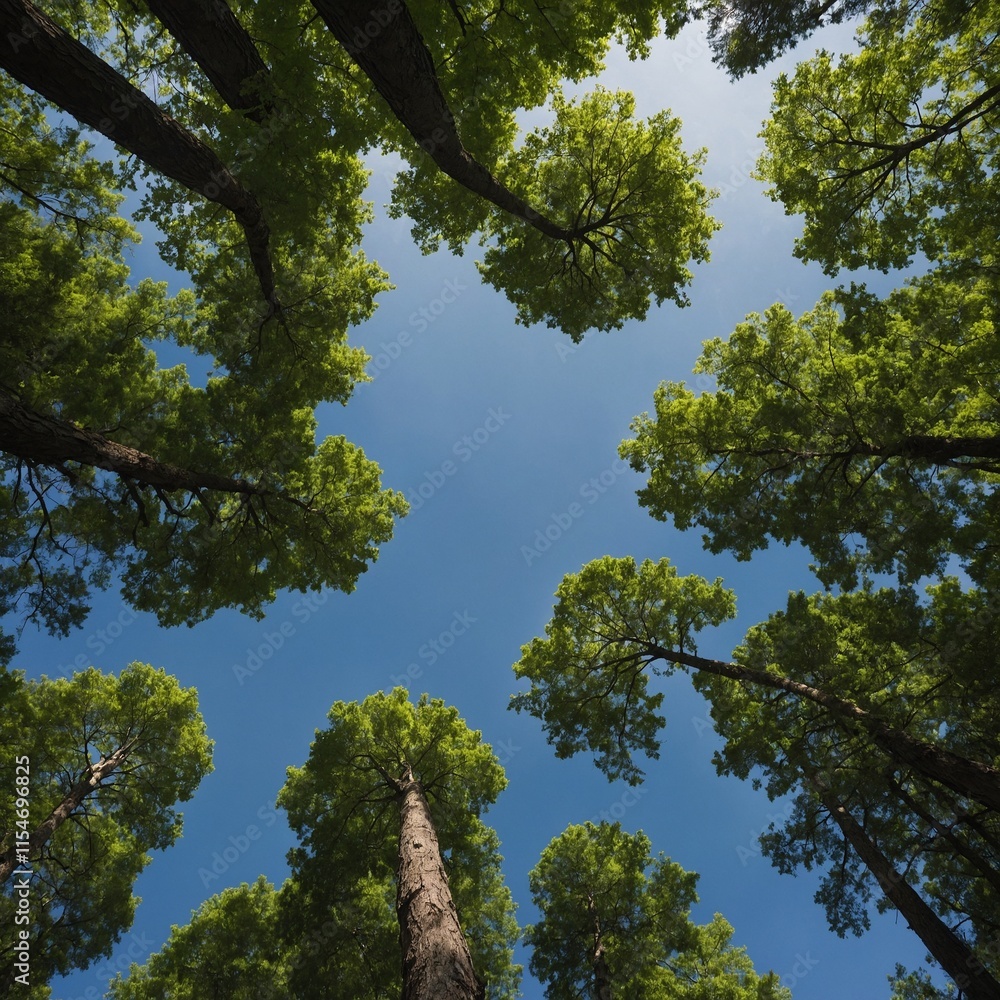 Obraz premium Looking up at the green tops of trees.
