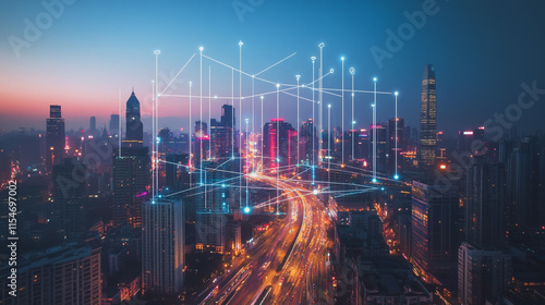 Wallpaper Mural Smart digital Innovation city with connection network reciprocity over the cityscape. of future smart wireless city and social media networking systems that connects business people with in city Torontodigital.ca