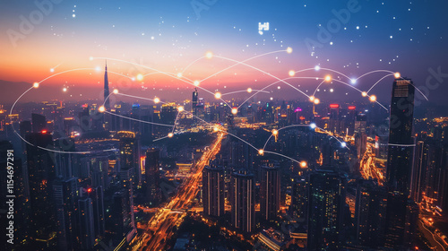 Wallpaper Mural Smart digital Innovation city with connection network reciprocity over the cityscape. of future smart wireless city and social media networking systems that connects business people with in city Torontodigital.ca