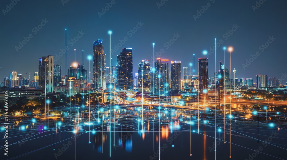 Fototapeta premium Smart digital Innovation city with connection network reciprocity over the cityscape. of future smart wireless city and social media networking systems that connects business people with in city