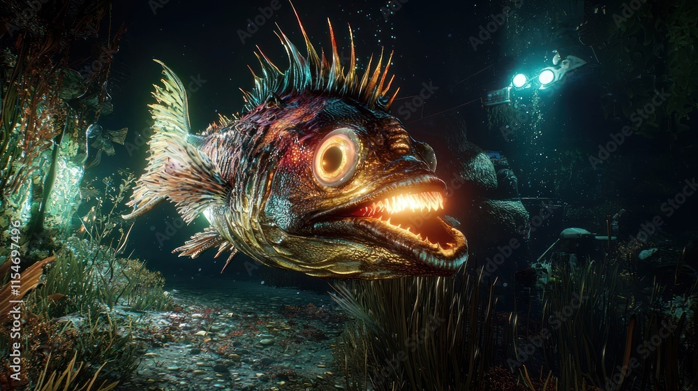 Glowing deep-sea fish with sharp spines and large teeth. Glowing deep-sea fish with sharp spines and large teeth.