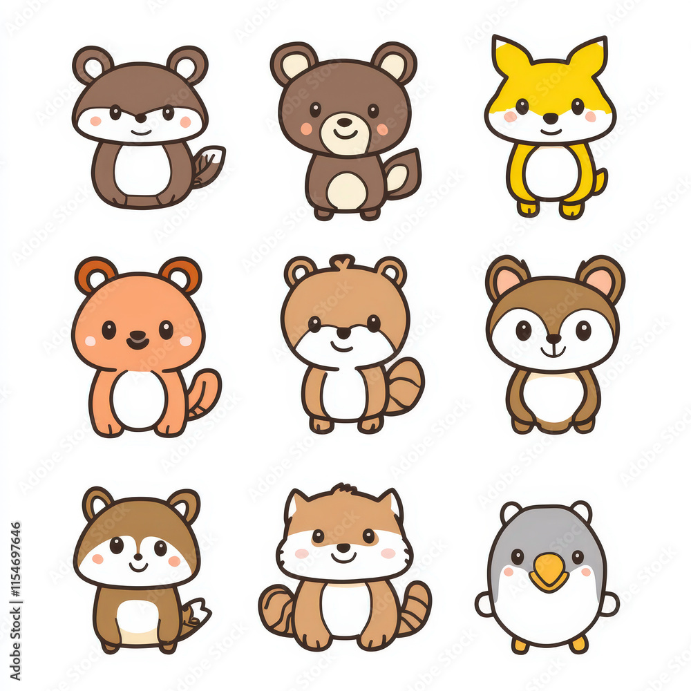 Obraz premium Cute and Playful Animal Characters Collection Featuring Cartoon Bears, Foxes, Squirrels, and Penguins in Bright Colors for Fun Designs and Kids' Art