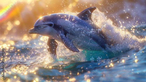 Dolphin leaping at sunset, ocean spray.