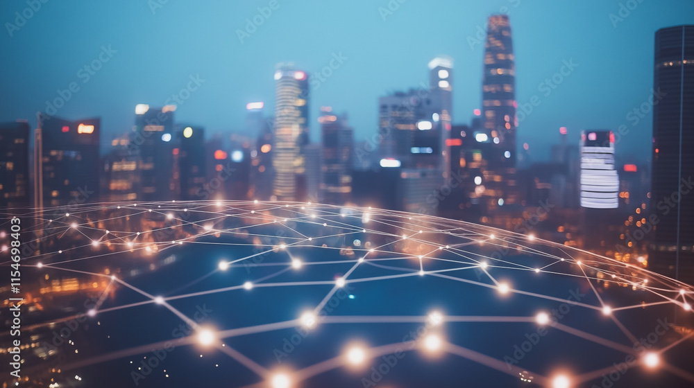 Fototapeta premium Smart digital Innovation city with connection network reciprocity over the cityscape. of future smart wireless city and social media networking systems that connects business people with in city