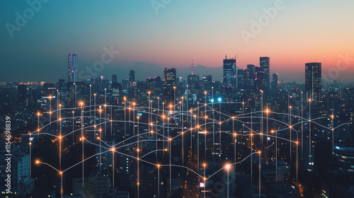 Wallpaper Mural Smart digital Innovation city with connection network reciprocity over the cityscape. of future smart wireless city and social media networking systems that connects business people with in city Torontodigital.ca