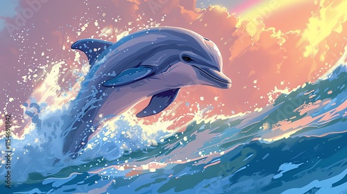 Dolphin leaping from ocean wave at sunset.