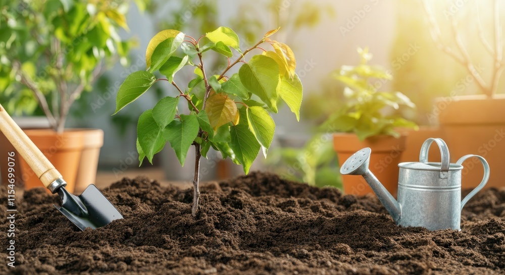 Young tree planted in soil, surrounded by shovel and watering can, with potted plants background Young tree planted in soil, surrounded by shovel and watering can, with potted plants background