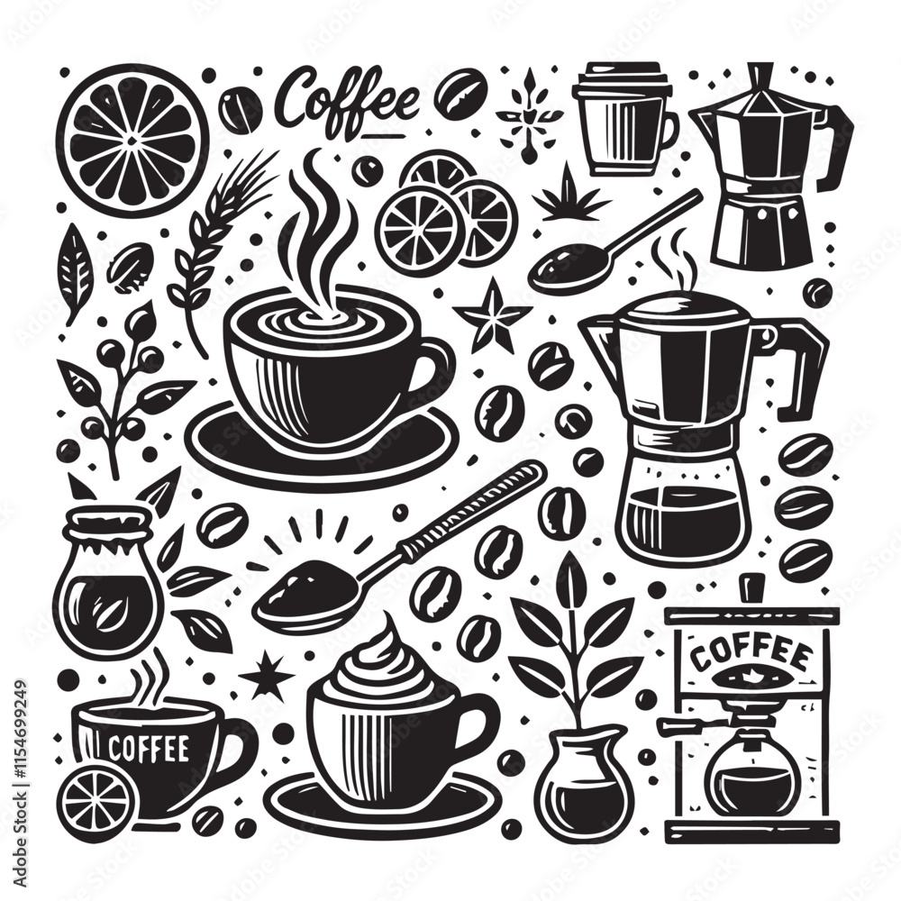 Set of coffee elements and coffee accessories vector Set of coffee elements and coffee accessories vector
