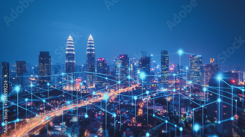 Wallpaper Mural Smart digital Innovation city with connection network reciprocity over the cityscape. of future smart wireless city and social media networking systems that connects business people with in city Torontodigital.ca