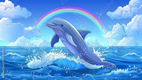 Dolphin leaping ocean rainbow.
