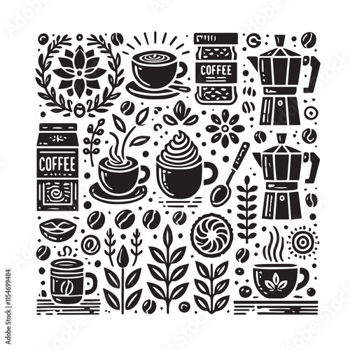 Set of coffee elements and coffee accessories vector