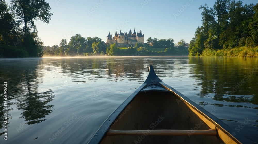 Canoeing towards a majestic castle at sunrise. Canoeing towards a majestic castle at sunrise.