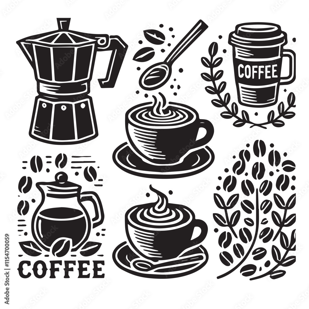 Set of coffee elements and coffee accessories vector Set of coffee elements and coffee accessories vector