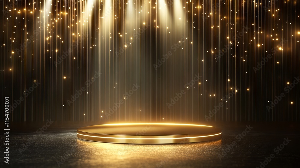 Luxurious gold podium with shiny glow lights on an elegant empty stage background for product showcase or event design