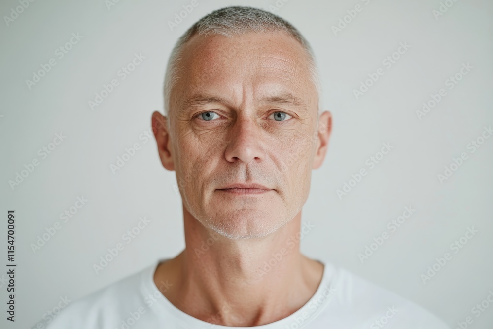 Fototapeta premium Portrait photo of a middle-aged man with light, slightly gray hair, gray eyes, front shot, wrinkles on neck, textured skin. Grey background 