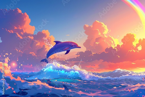 Dolphin leaping over ocean wave at sunset.