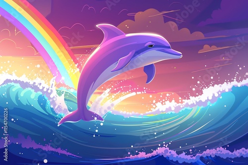 Dolphin leaping over ocean waves at sunset with rainbow.