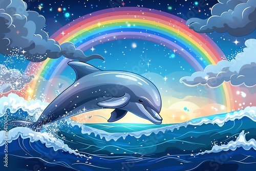 Dolphin leaping over ocean waves at sunset with rainbow. (1)