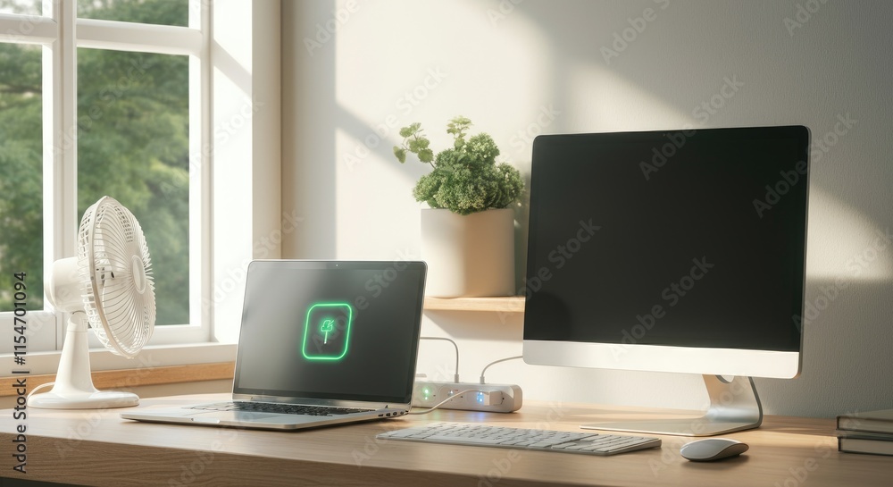Bright, modern workspace with laptop, desktop, and fan on wooden desk near window Bright, modern workspace with laptop, desktop, and fan on wooden desk near window