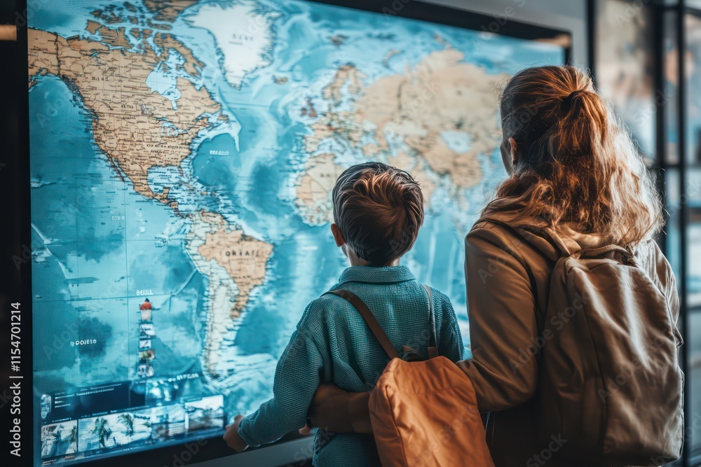 Obraz premium A diverse family standing in front of a large interactive digital map at a travel agency, deciding on their next destination.