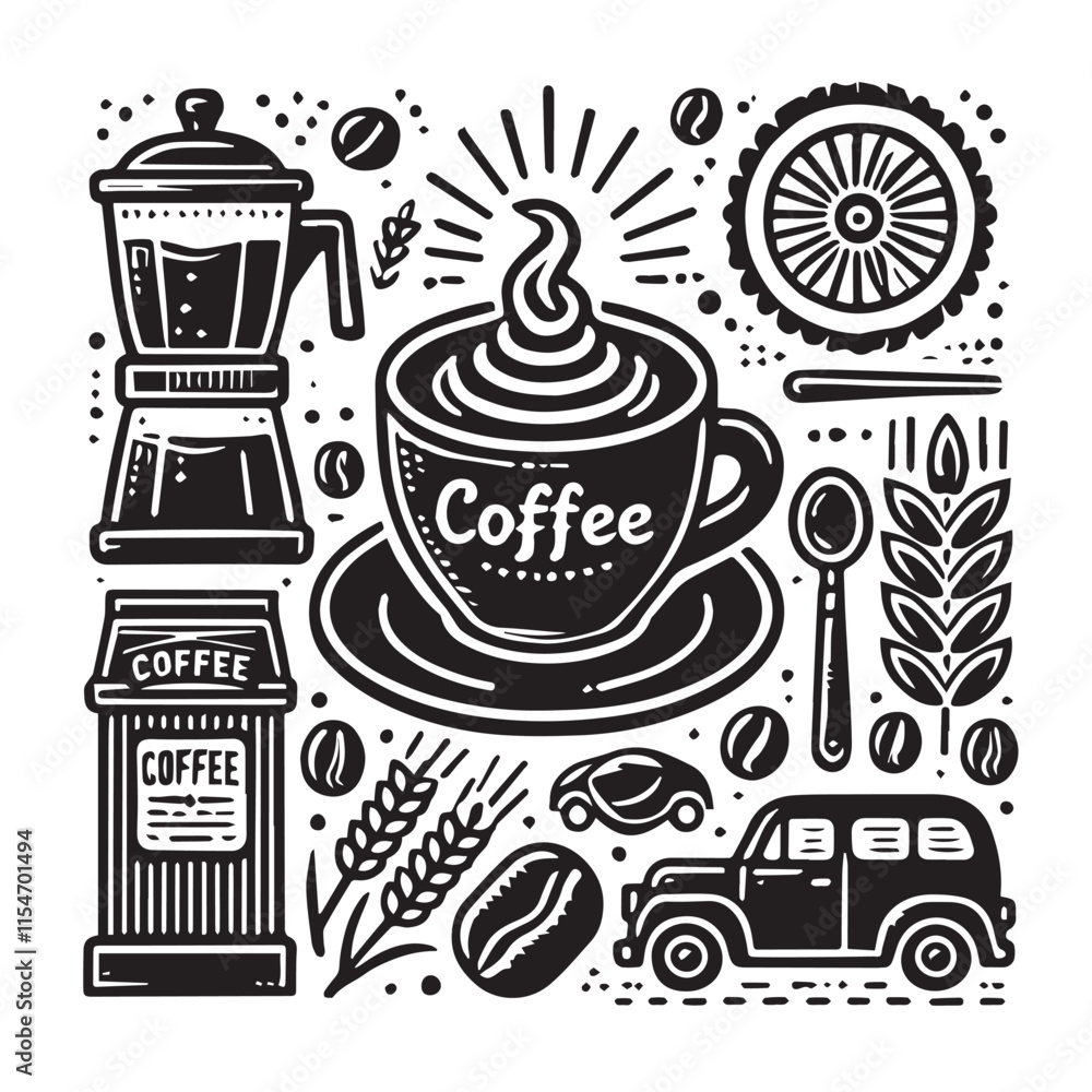 Set of coffee elements and coffee accessories vector Set of coffee elements and coffee accessories vector