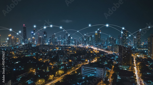 Wallpaper Mural Smart digital Innovation city with connection network reciprocity over the cityscape. of future smart wireless city and social media networking systems that connects business people with in city Torontodigital.ca