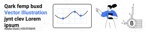 Woman pointing at line graph with fluctuating points. Symbolic Bitcoin element on circuit background. Ideal for financial reports, data analysis, cryptocurrency, business presentations, educational