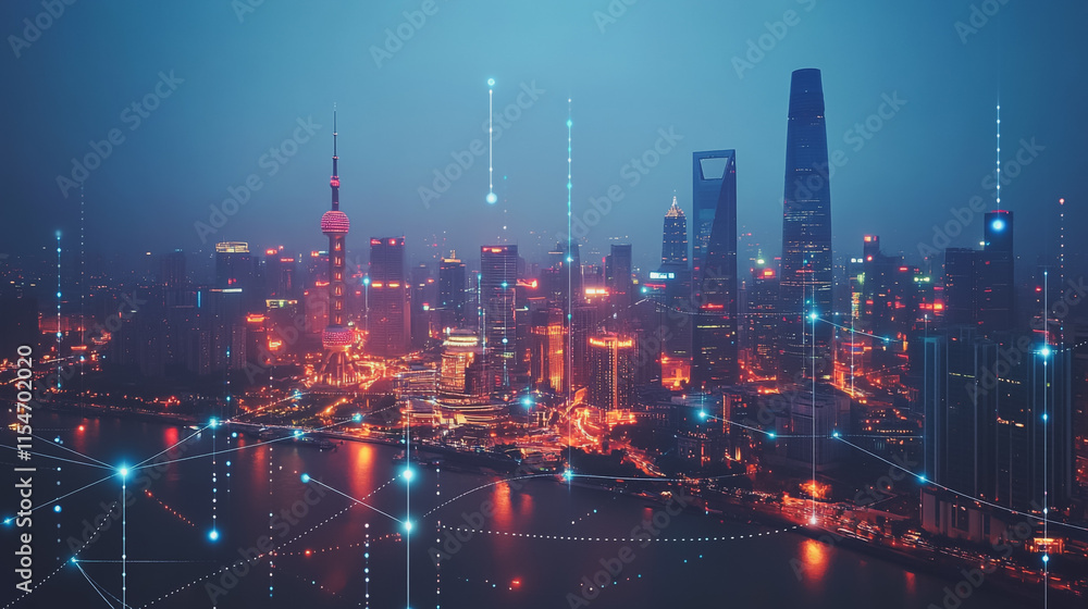 Fototapeta premium Smart digital Innovation city with connection network reciprocity over the cityscape. of future smart wireless city and social media networking systems that connects business people with in city