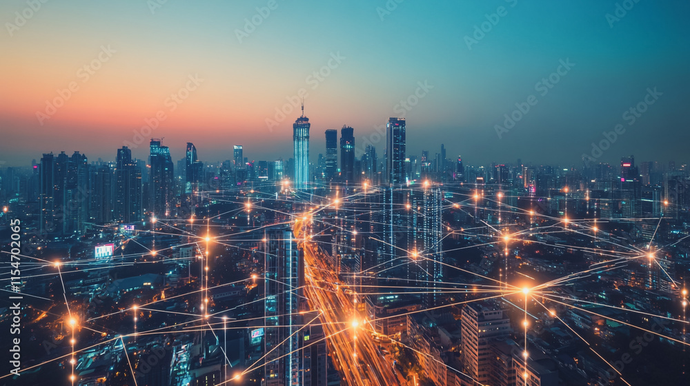 Fototapeta premium Smart digital Innovation city with connection network reciprocity over the cityscape. of future smart wireless city and social media networking systems that connects business people with in city