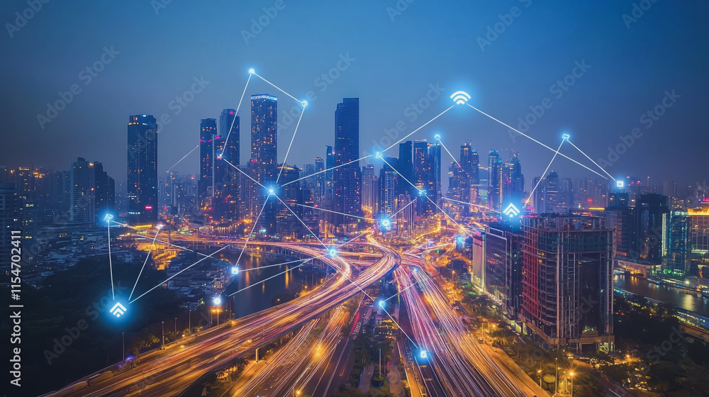 Smart digital Innovation city with connection network reciprocity over the cityscape. of future smart wireless city and social media networking systems that connects business people with in city Smart digital Innovation city with connection network reciprocity over the cityscape. of future smart wireless city and social media networking systems that connects business people with in city