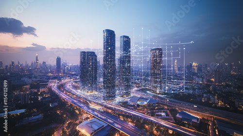 Wallpaper Mural Smart digital Innovation city with connection network reciprocity over the cityscape. of future smart wireless city and social media networking systems that connects business people with in city Torontodigital.ca