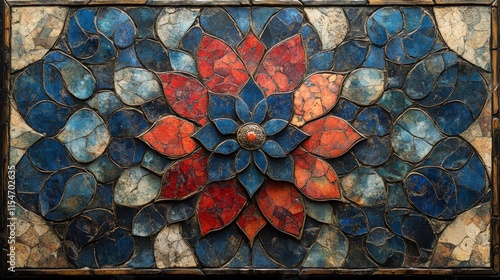 Intricate mosaic artwork featuring a central red flower surrounded by blue and white petals.