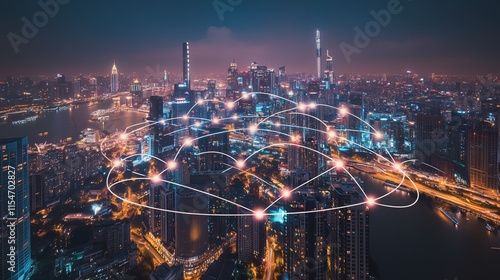 Wallpaper Mural Smart digital Innovation city with connection network reciprocity over the cityscape. of future smart wireless city and social media networking systems that connects business people with in city Torontodigital.ca