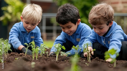 Wallpaper Mural Three young boys in blue shirts plant seedlings in a garden. Torontodigital.ca