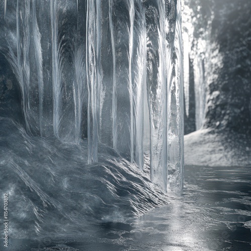 Close-up of icy formations, frozen waterfall cascading over rocks into a frozen pool, winter landscape.