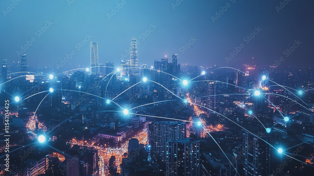 Fototapeta premium Smart digital Innovation city with connection network reciprocity over the cityscape. of future smart wireless city and social media networking systems that connects business people with in city