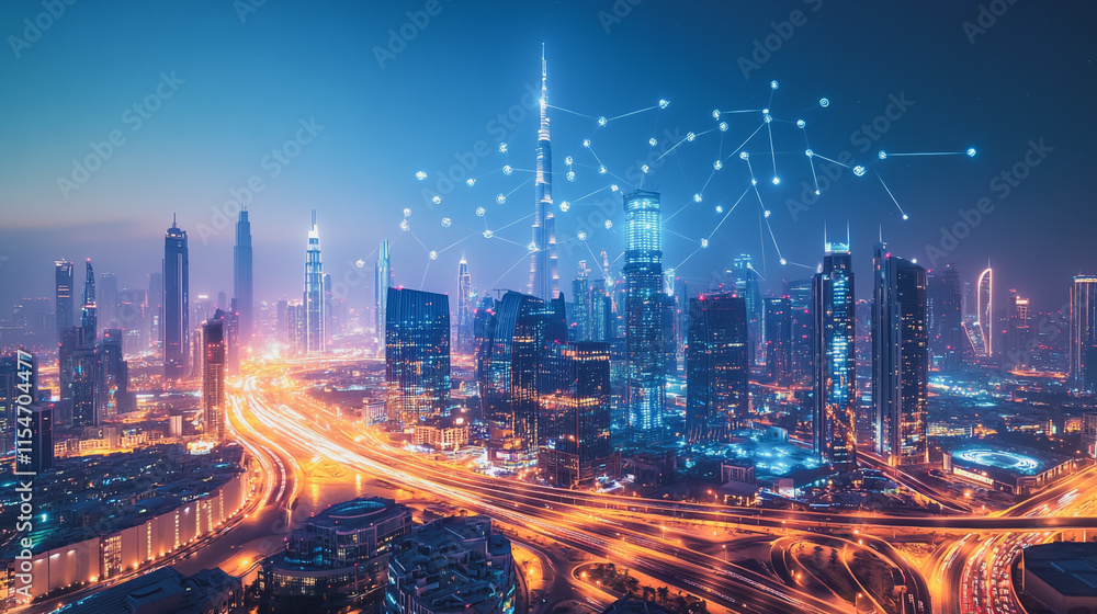 Smart digital Innovation city with connection network reciprocity over the cityscape. of future smart wireless city and social media networking systems that connects business people with in city Smart digital Innovation city with connection network reciprocity over the cityscape. of future smart wireless city and social media networking systems that connects business people with in city