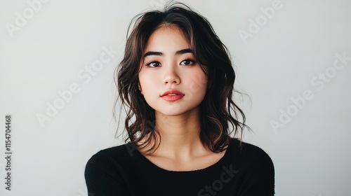 Young Asian woman with shoulder-length wavy hair, wearing a black top, looking directly at the camera against a light gray background.