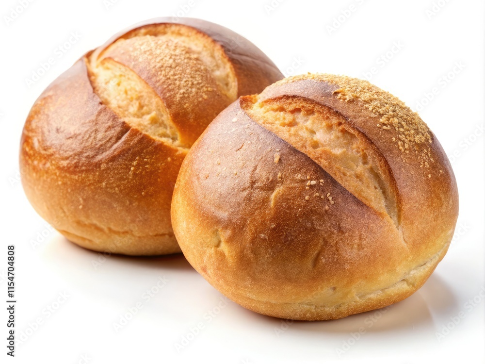Golden-brown bread buns, bakery-fresh, a delectable closeup against a pristine white backdrop. Homemade goodness. Golden-brown bread buns, bakery-fresh, a delectable closeup against a pristine white backdrop. Homemade goodness.