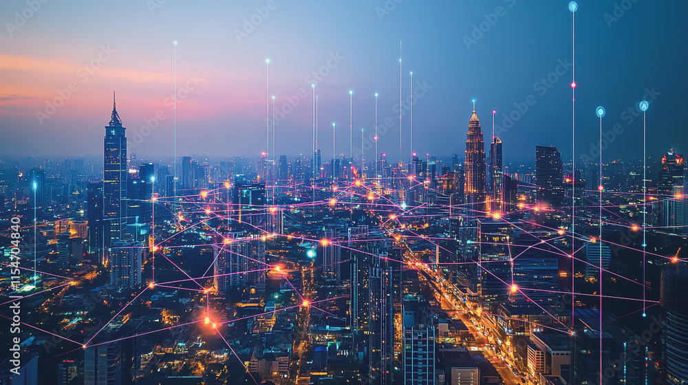 Fototapeta premium Smart digital Innovation city with connection network reciprocity over the cityscape. of future smart wireless city and social media networking systems that connects business people with in city