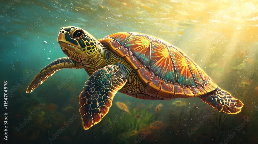 Fototapeta premium Vibrant sea turtle swimming underwater in sunlight.