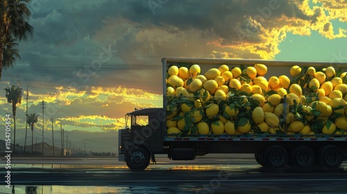 A truckload of lemons drives on a highway during sunset. photo