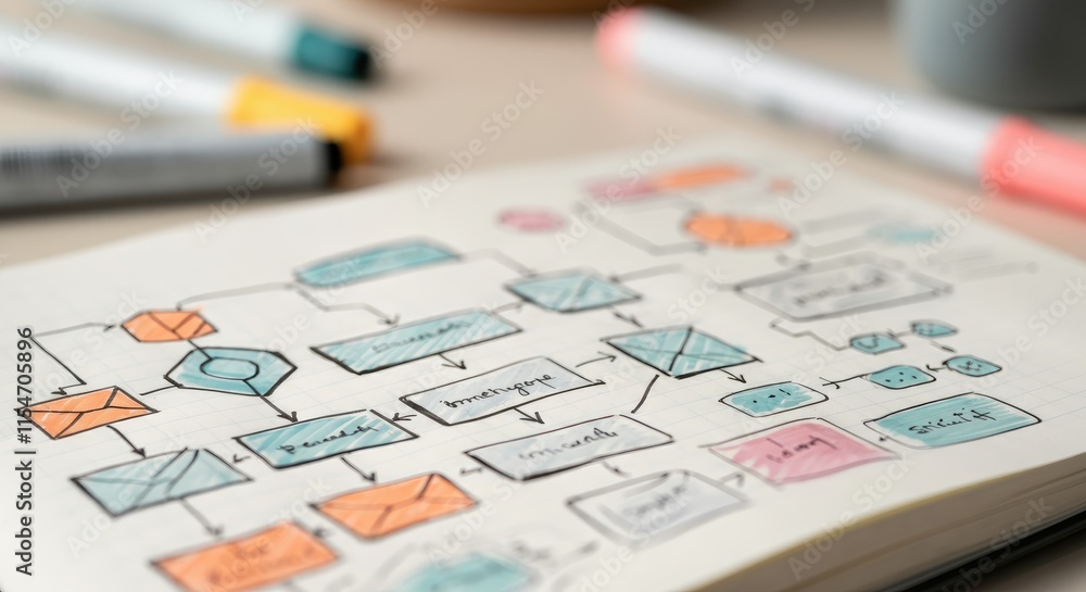 Fototapeta premium Colorful workflow diagram on notebook, showing process steps and decisions