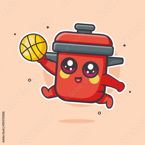 funny cooking pot character mascot playing basketball isolated cartoon