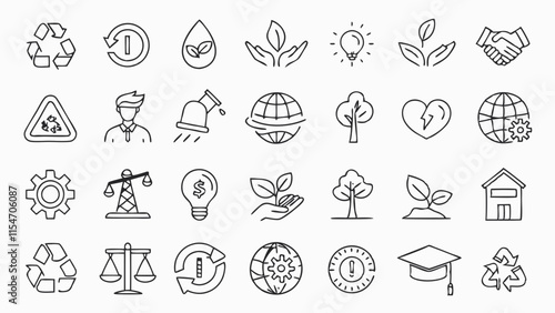 Sustainability and Community Support Line Art Icon Set,ESG, Environmental,Social,Governance line icons set,net zero,climate crisis,recycle,electric car, collection,humanity,economy,Vector illustration