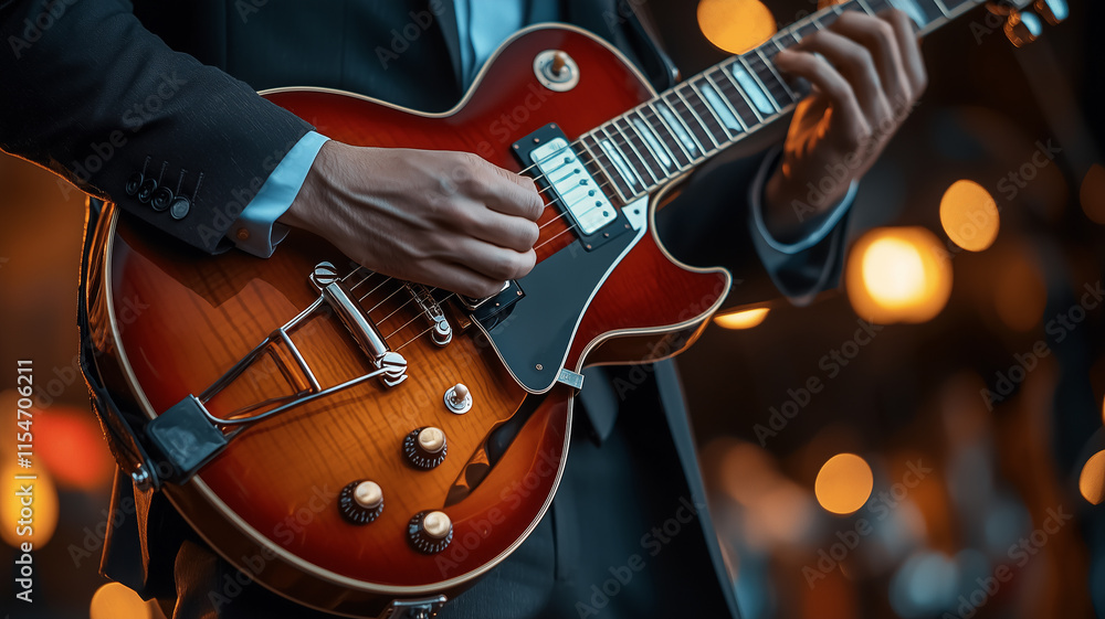 Obraz premium A man happily playing guitar on stage